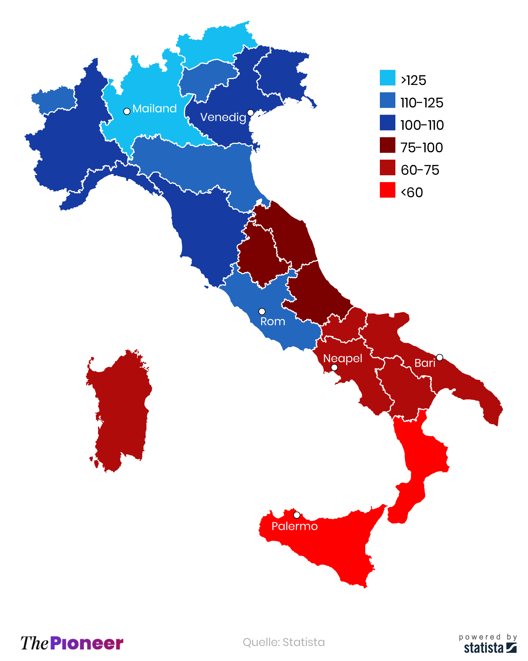 Bruttoinlandsprodukt pro Kopf in den Regionen Italiens in Relation zum EU-Schnitt 2019, in Porzent (EU-28=100)