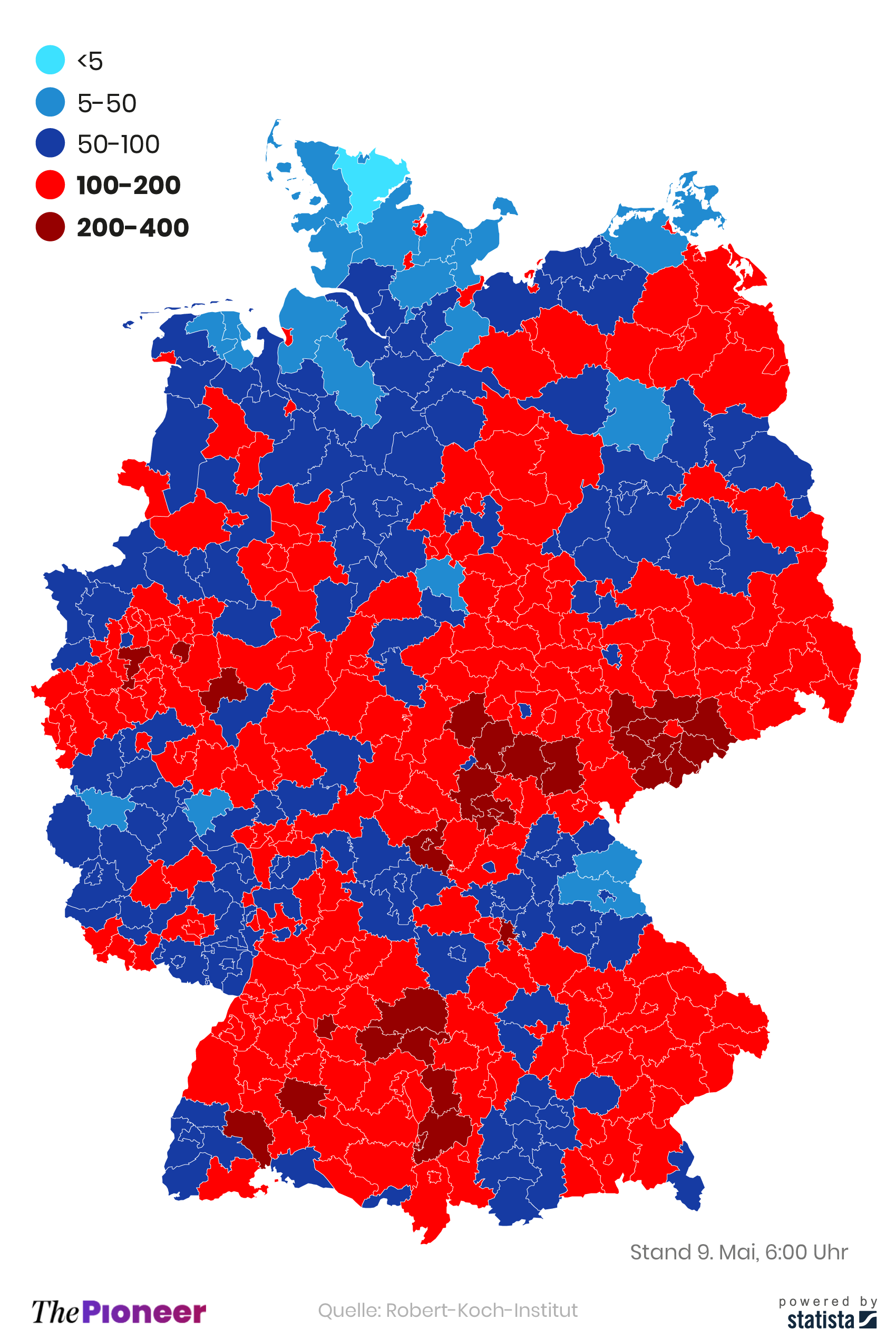 Bestätigte Neuinfektionen je 100.000 Einwohner der vergangenen sieben Tage in deutschen Landkreisen und kreisfreien Städten