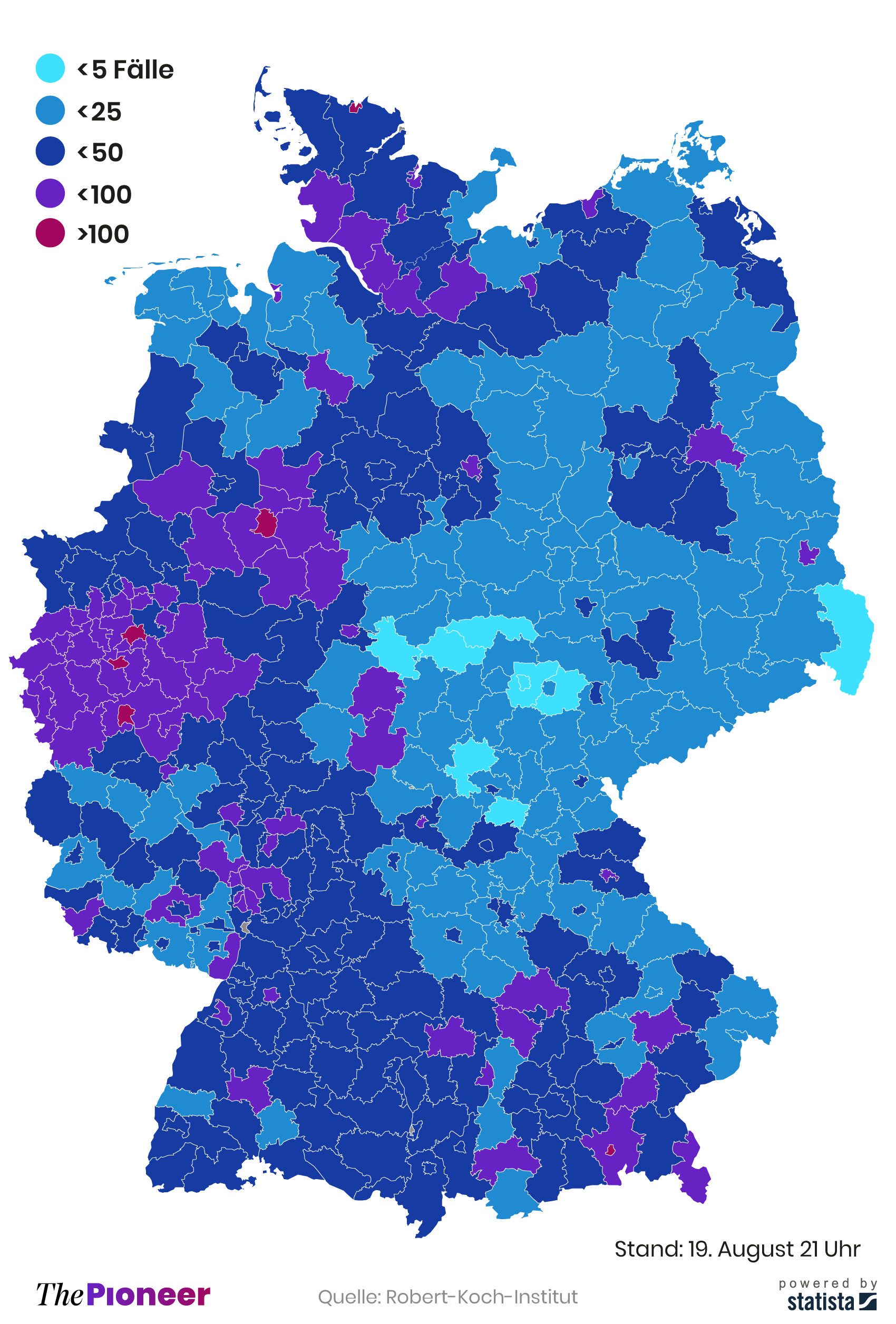  Bestätigte Neuinfektionen je 100.000 Einwohner der vergangenen sieben Tage in deutschen Landkreisen und kreisfreien Städten