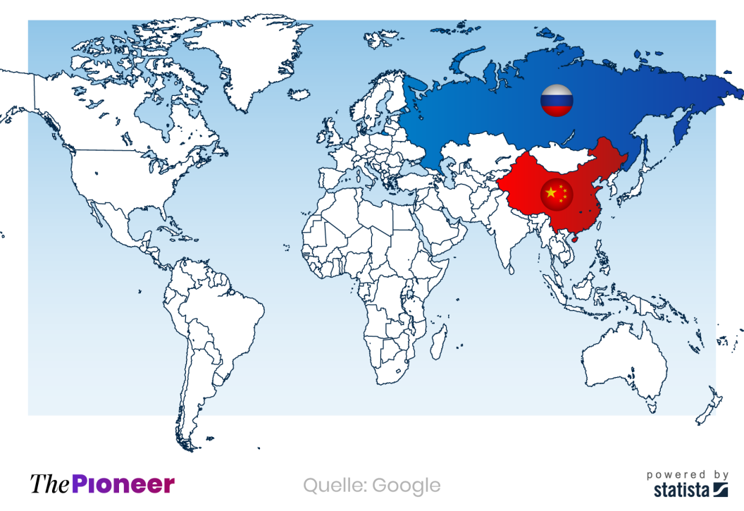 Weltkarte mit Fläche und Lage von China und Russland
